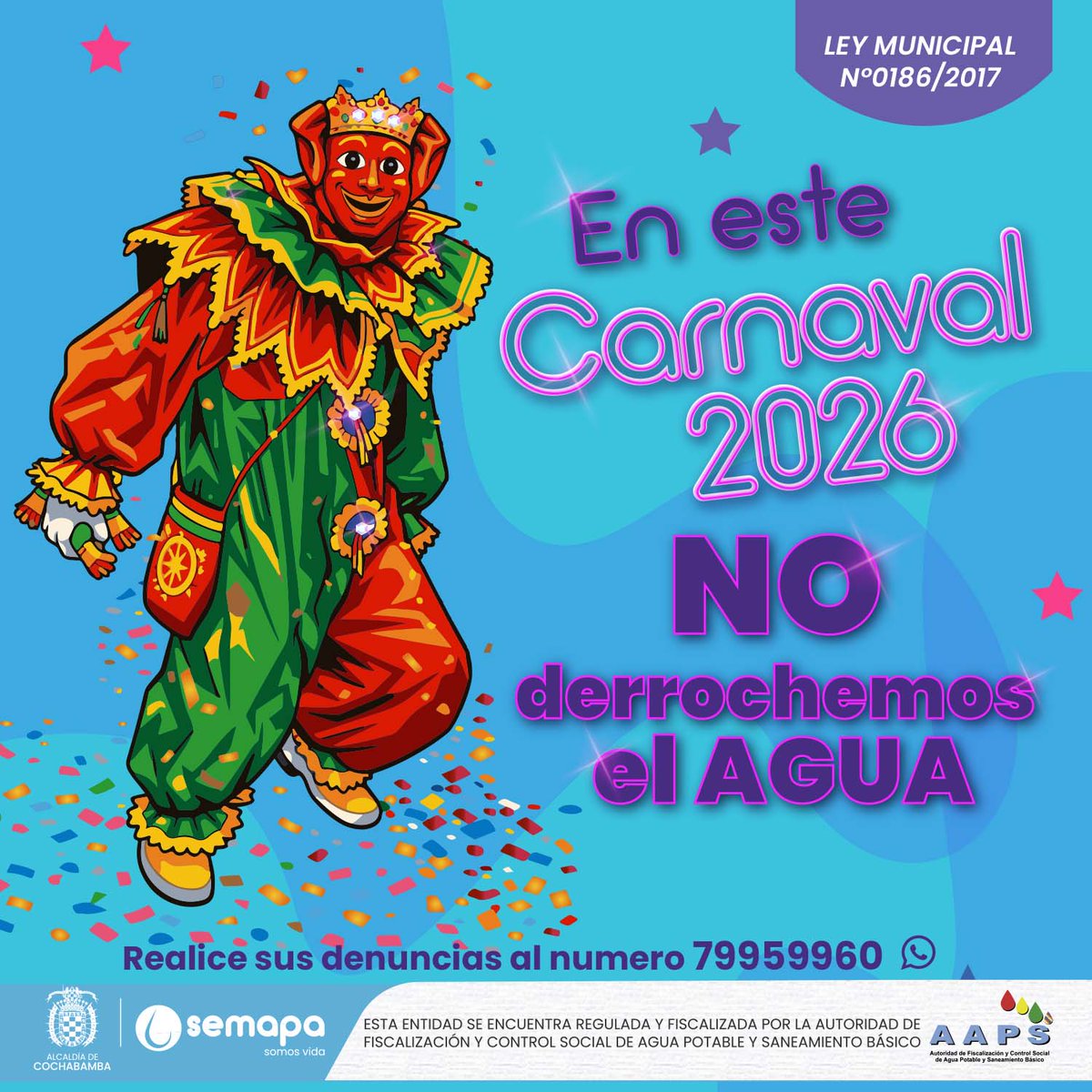 SemapaBo's tweet photo. llegó el carnaval! 🥳
Y #Semapa recuerda a la ciudadanía en general que el uso de agua potable debe ser responsable en estas fechas. (Ley Municipal 0186/2017)
#cuidemoselagua💧 https://t.co/QUHrz65xFK