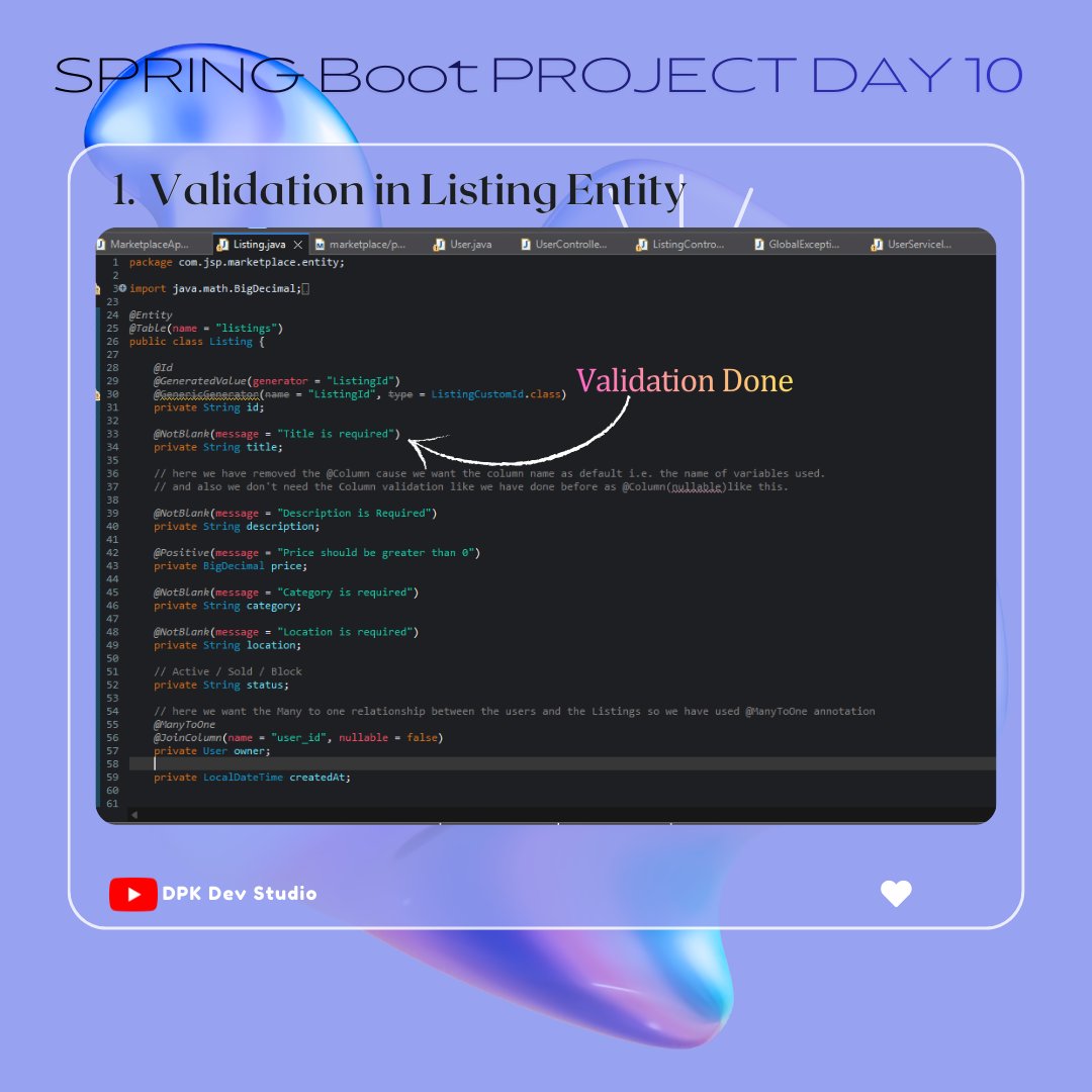 dpkk_s2003's tweet photo. 🚀Spring Boot Project Day 10
Validations end-to-end✅
✔️Entity-level validation (User &amp; Listing)
✔️@Valid in Controllers
✔️Custom validation error responses
✔️Handled MethodArgumentNotValidException
📺Full explanation on YouTube - DPK Dev Studio
👉https://t.co/BakUtXIN2E #Coding https://t.co/k6fJf7NyOp