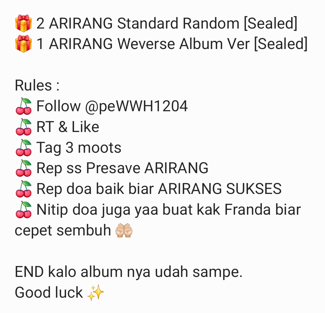 vtreelogy's tweet photo. GIVEAWAY ARIRANG ✨️
Sponsored by @peWWH1204

🎁 2 ARIRANG Standard Random [Sealed]
🎁 1 ARIRANG Weverse Album Ver [Sealed]

📌 https://t.co/nDbeAsoyhd

Good luck 🏋‍♀️

ARIRANG IS COMING
BTS IS COMING
#BTS_ARIRANG https://t.co/U0DxtJc5pO