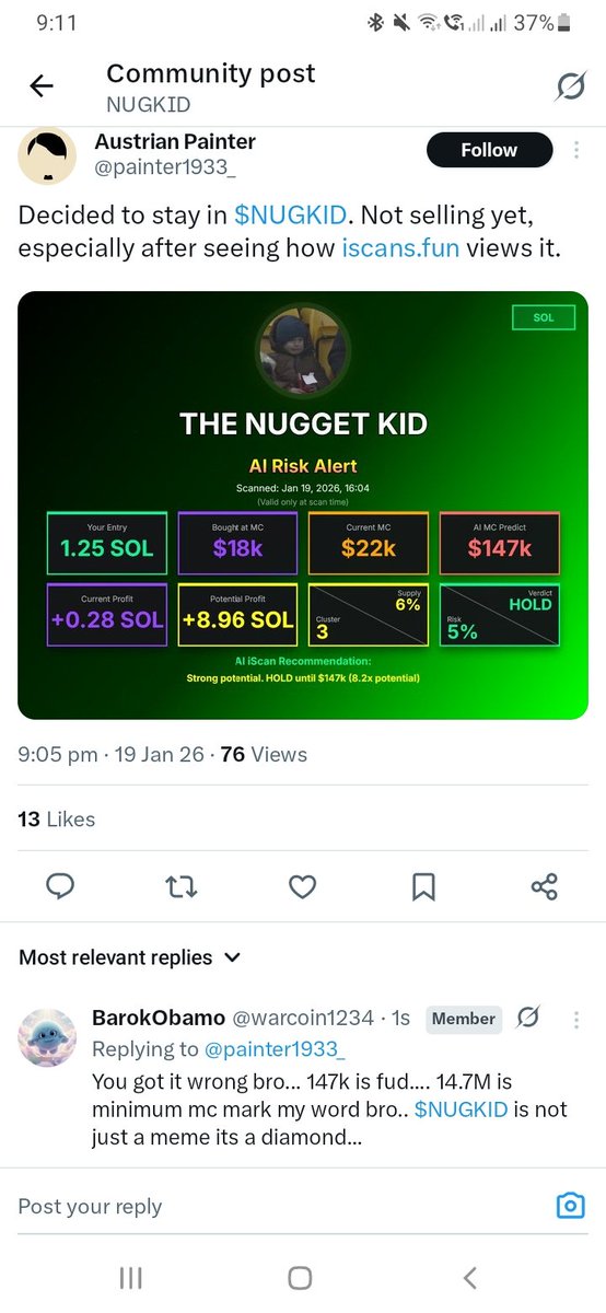 warcoin1234's tweet photo. Mark my word guys.... 14.7M.... $NUGKID 🚀🚀🚀🚀 https://t.co/rvvGCkMba9