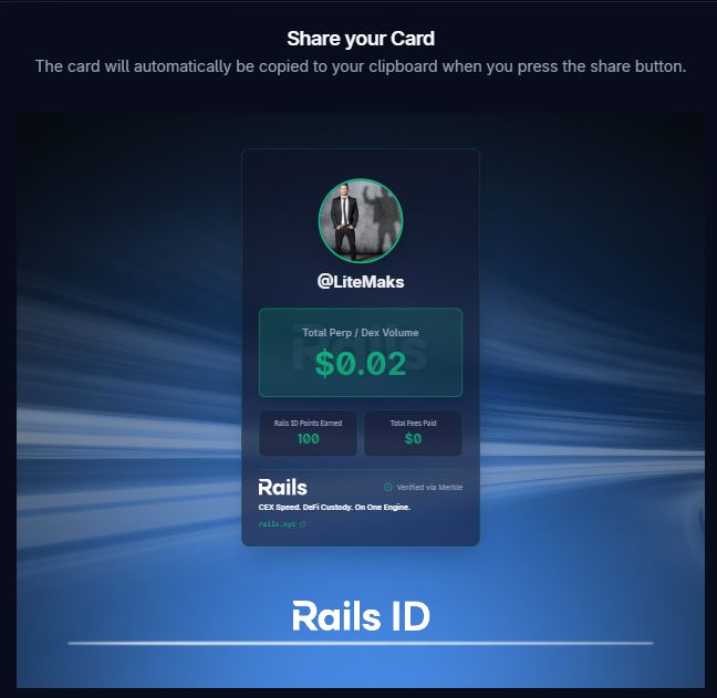 Just generated my Rails ID off $0.02 of DEX volume.

Grab your ID and plug into Rails Play, the newest product from <a href="/rails_xyz/">Rails</a> designed to teach you how to trade perps, for boosted Points: quest.rails.xyz/onboard?r=Lite…