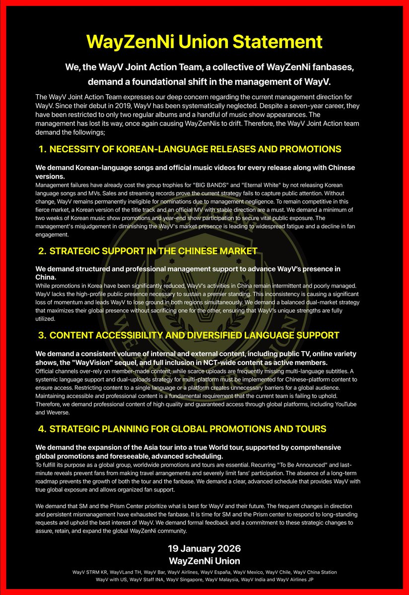 WayVStaff_INA's tweet image. Kami, WayZenNi Union, menuntut SM dan Prism Center untuk memprioritaskan kepentingan dan masa depan WayV.

@SMTOWNGLOBAL
@WayV_official
@NCTsmtown

#SMTreatWayVBetter
#에스엠WayV활동보장해 
#请合理规划艺人发展