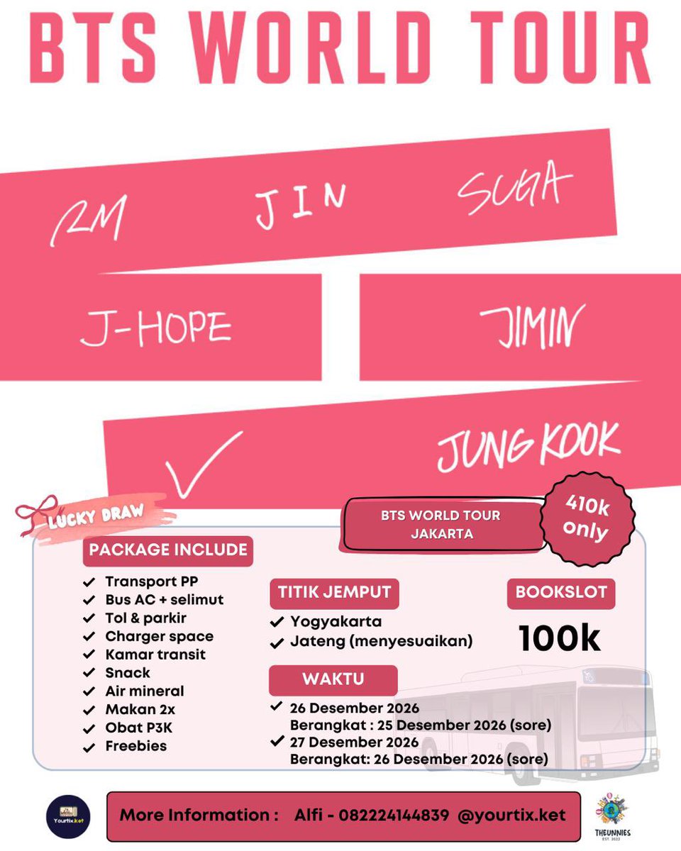 yourtix_ket's tweet photo. ✨TRIP BTS WORLD TOUR IN JAKARTA✨

Halo Army, @yourtixket open trip konser dari Jogja, Solo, Semarang, Pekalongan, Pemalang, Tegal, Brebes dst.

💸410/orang (PP)
🍱Makan 2x
🎀Snack &amp; freebies
‼️Lucky draw

Bookslot 100k only. Any question bisa dm/chat kontak tertera^^ https://t.co/tftek77O46