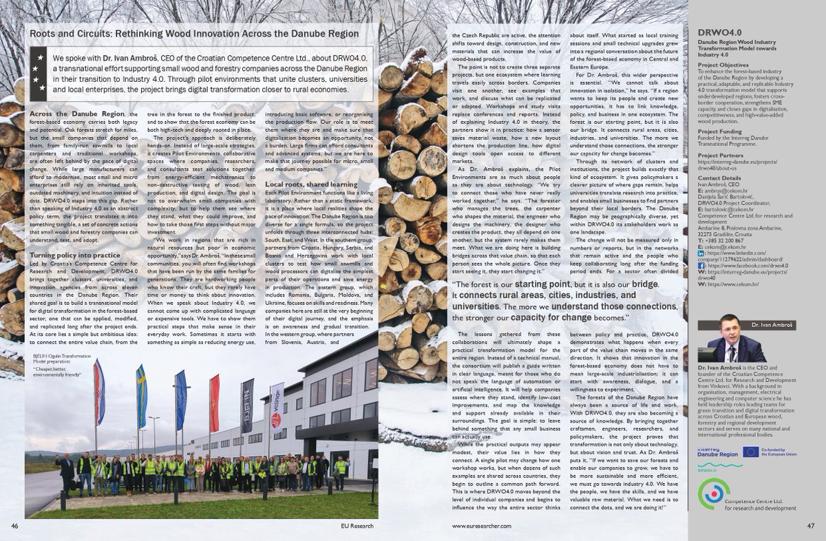 We are pleased to share that DRWO4.0, a Flagship project, has been featured in the prestigious EU Researchmagazine (Winter 2025).
 
Read more:
 isu.pub/u9erqIX
#DRWO40 #EUResearch #FlagshipProject #WoodInnovation #EUProjects