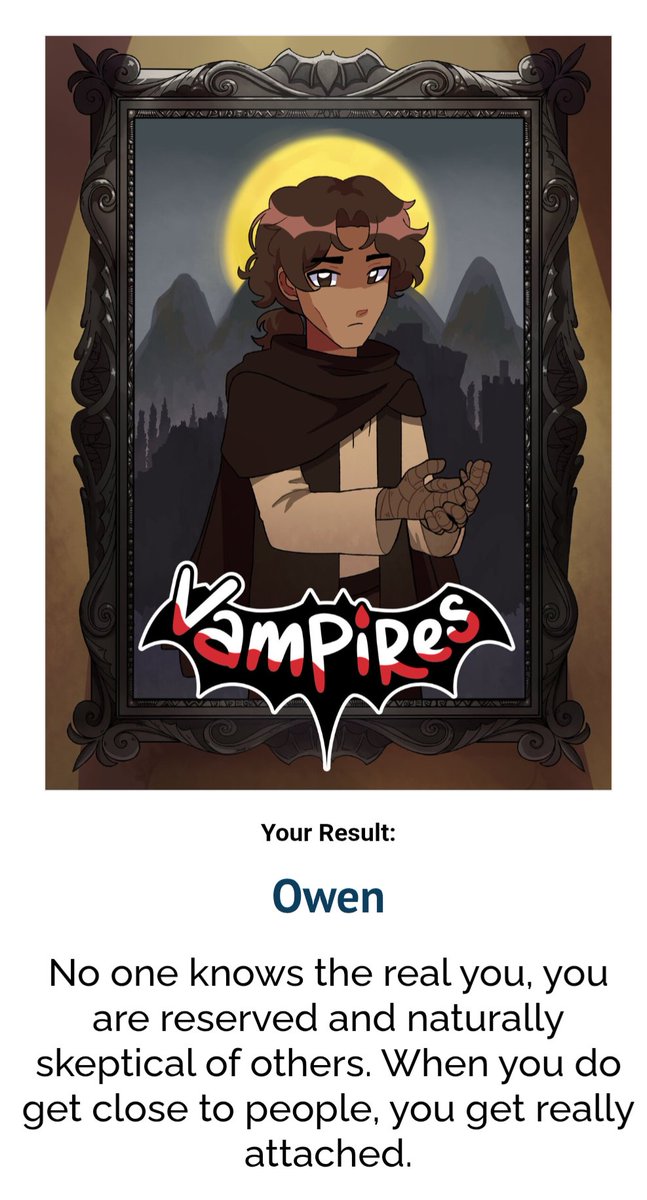 MidnightPax's tweet photo. Not really known in the vsmp community (fair, I lurk and like a lot art), so I'm probably kind of seen, but I did this quiz for fun and...

I got Owen, and I think it's kinda funny imo (he's a fav character with how he's written) https://t.co/eJR4mtdYIU