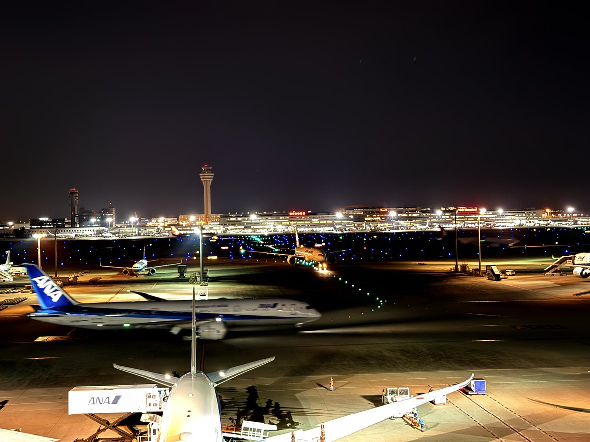 ホノルルからのJALが 誘導灯走行中 ホノルルへ離陸のANAが 滑走路へ