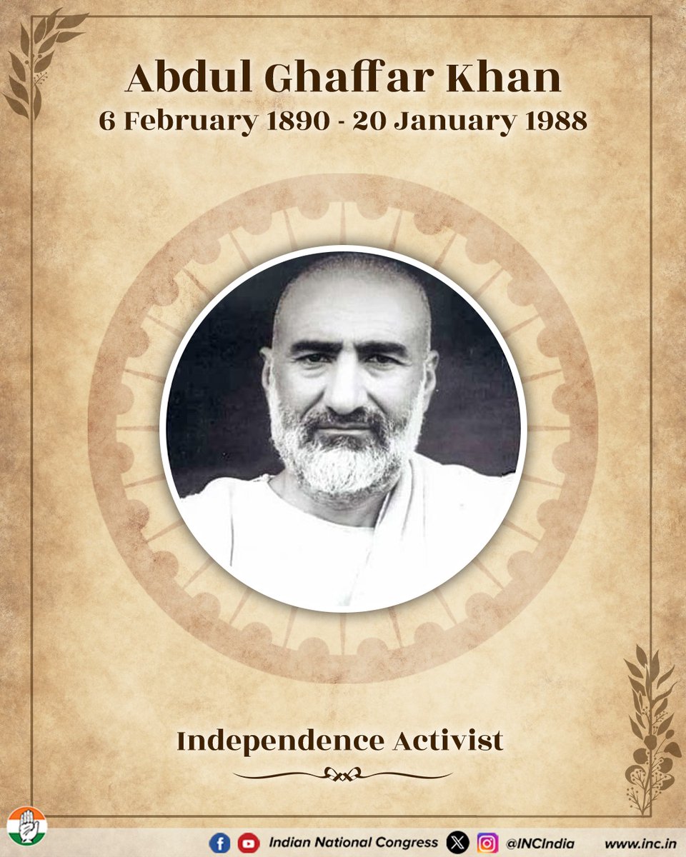 Remembering the 'Frontier Gandhi' Abdul Ghaffar Khan on his death anniversary. 

A towering symbol of nonviolence, courage, and sacrifice, he devoted his life to India’s freedom struggle, peace, and social reform through steadfast Gandhian principles.