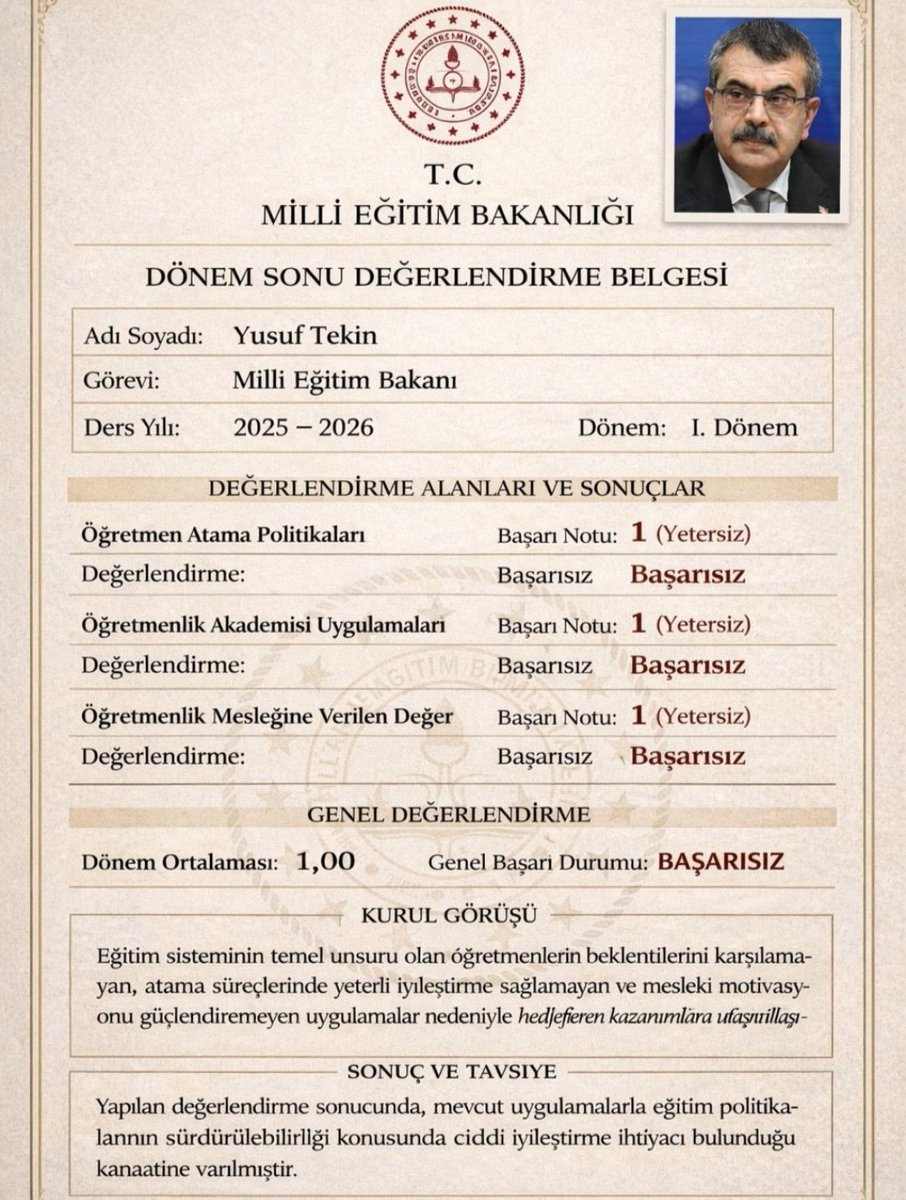 Öğretmenler Yusuf Tekin'e karne vermiş.

Otur 0 demişler..