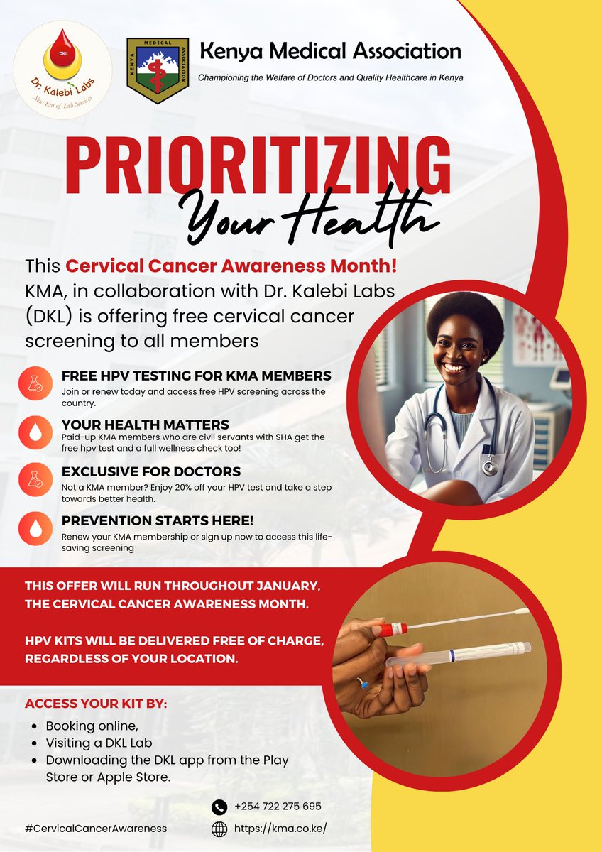 Early detection saves lives. This month, KMA has partnered with DKL Labs to offer HPV screening exclusively for our members.

Take charge of your health. Get screened. Encourage a colleague.
Because prevention starts with us.

#CervicalCancerAwareness #HPVScreening