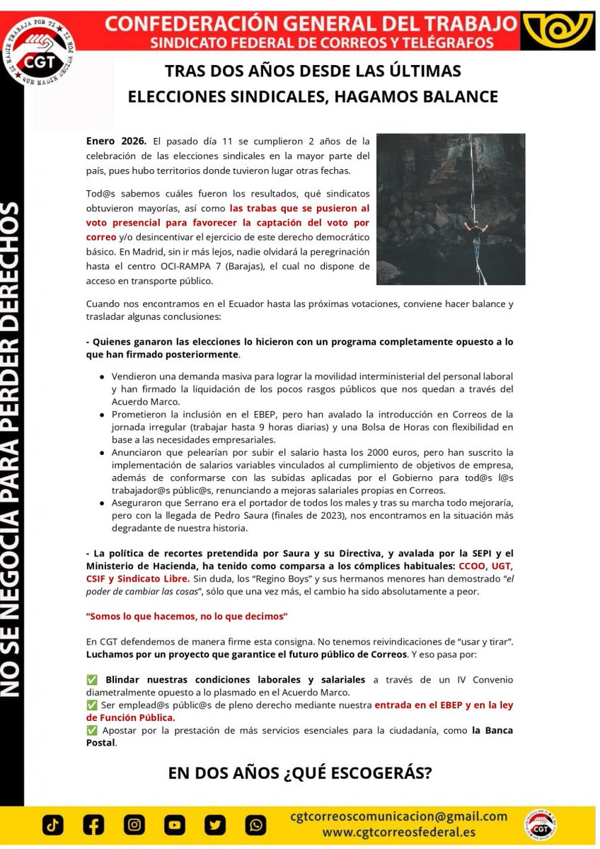 CGTCorreos_'s tweet photo. 🔴⚫️ CGT CORREOS INFORMA

⏳Cuando acaban de cumplirse dos años de la celebración de las últimas elecciones sindicales en @Correos desde CGT trasladamos un balance de lo ocurrido desde entonces. En dos años ¿QUÉ ESCOGERÁS? https://t.co/ImDX216sXi