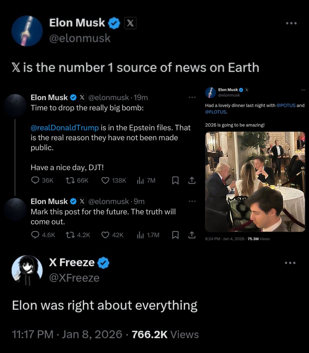 MaxTacAgent's tweet image. Remember folks! "X is the number 1 source of news on Earth" &amp;amp; "Elon was right about everything" #ElonMusk #DonaldTrump #X #EpsteinFiles #FuckElonMusk #FuckDonaldTrump