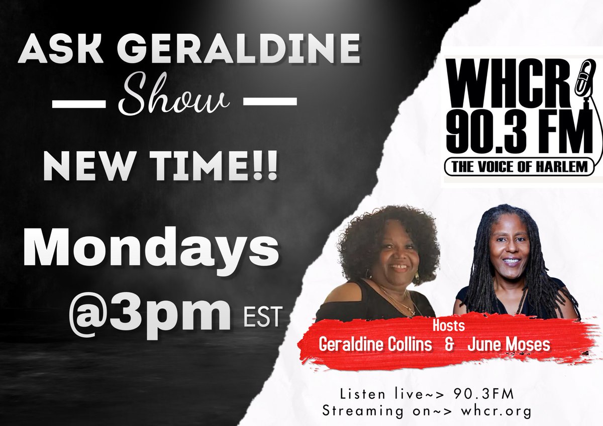 MsGerri3's tweet photo. Please be aware that the ASK GERALDINE SHOW time slot has changed from 5pm to 3pm EST. https://t.co/6qYE3Zzb2r