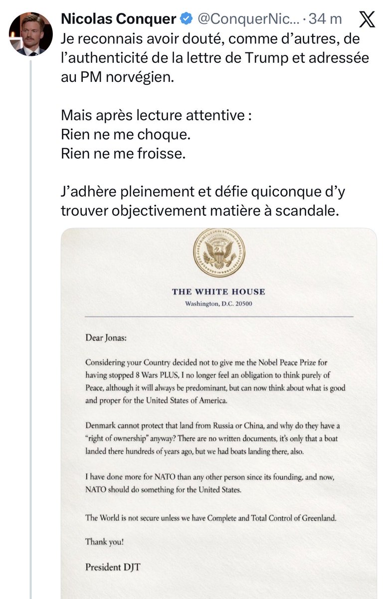 DeBunKerEtoiles's tweet image. Ah ça y est, il a découvert que finalement, le message de Trump est bel et bien authentique.
Du coup, il passe de « c’est évident que c’est un faux » à « cette lettre est très bien, je ne vois rien à redire. »

Le trumpisme est une secte : le gourou ne peut pas avoir tort.