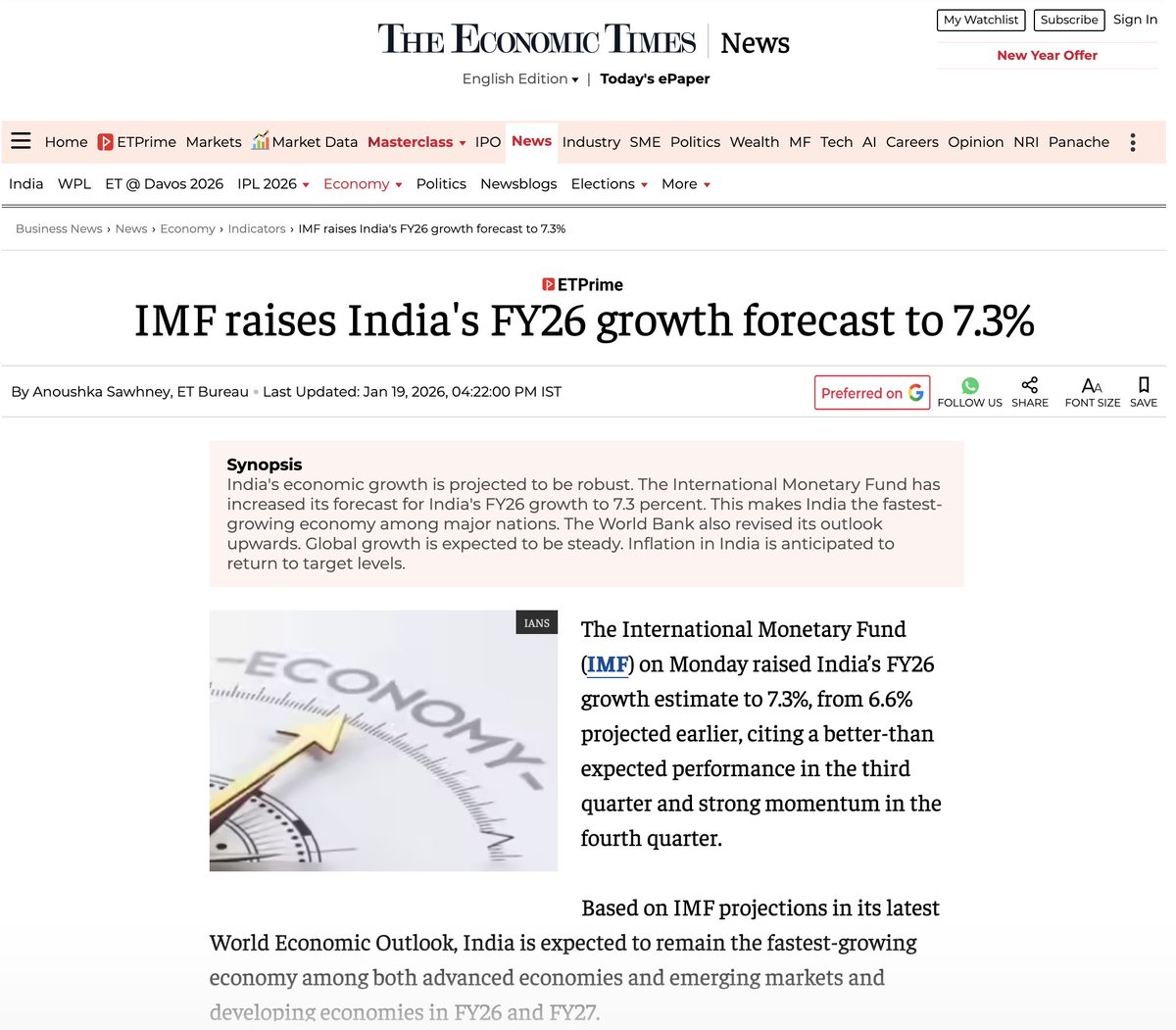 We're doing well, in fact, better than expected. The IMF's upward revision of India's FY26 growth forecast to 7.3% is very reassuring, confirming our position as the world's fastest-growing economy. <a href="/EconomicTimes/">Economic Times</a>: economictimes.indiatimes.com/news/economy/i… <a href="/EduMinOfIndia/">Ministry of Education</a> <a href="/FinMinIndia/">Ministry of Finance</a> <a href="/UnivofDelhi/">University of Delhi</a>