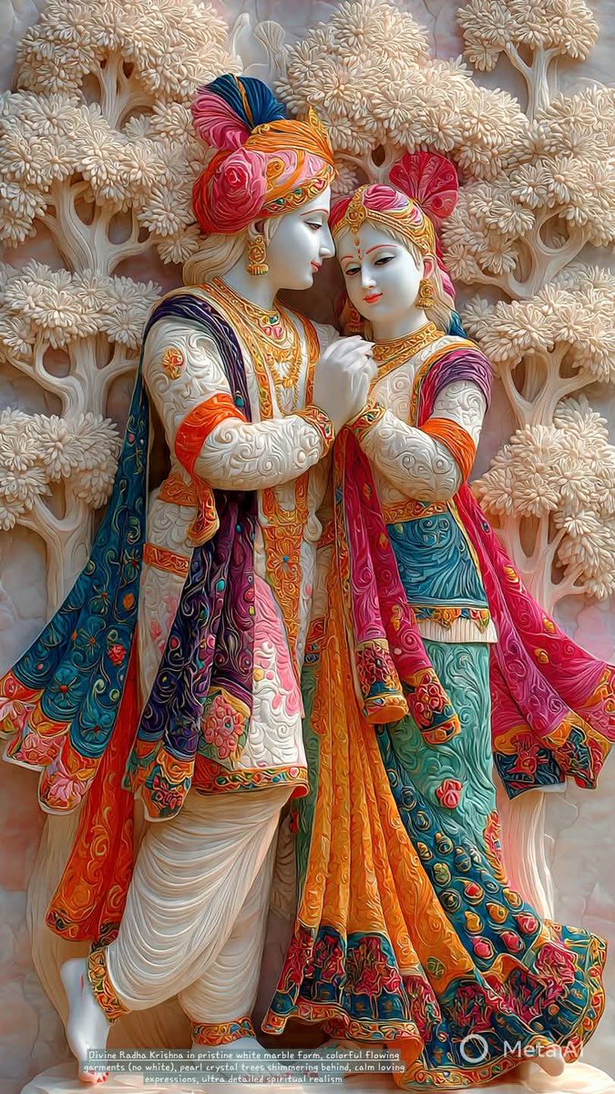 Joy sri Krishna ✨️✨️🌹🙏

Divine Radha Krishna in pristine white marble form, colorful flowing garments (no white), pearl crystal trees shimmering behind, calm loving expressions, ultra detailed spiritual realism.🚩🥀🌿🔱🌻🚩🥀🌿🌻