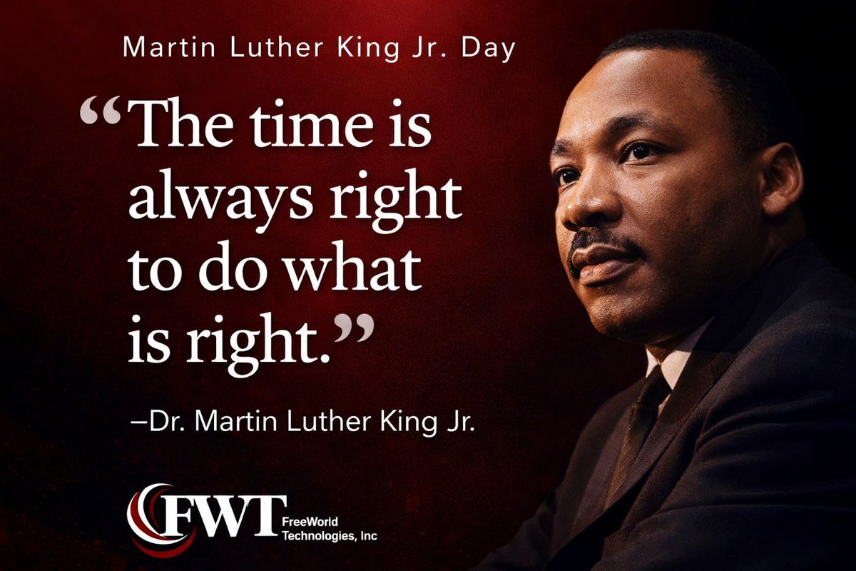 FWTCorp's tweet photo. Honoring the legacy of Dr. Martin Luther King Jr. ✊🏽✨
“The time is always right to do what is right.” ⏳✔️
Leading with integrity 🤝
Building with purpose 💡
Serving our communities 🌍
#MLKDay #PurposeDriven #Leadership #FreeWorldTechnologies https://t.co/jay24U7Wi3