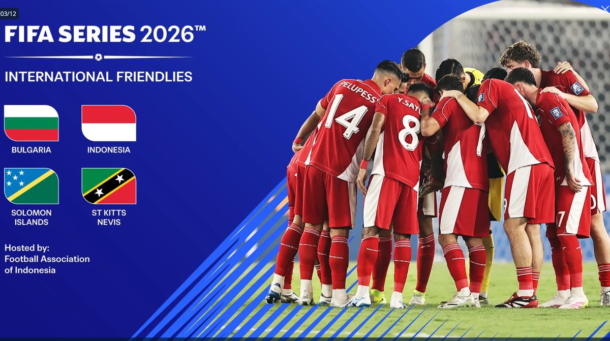 FIFA mengonfirmasi line up FIFA Series di mana kita akan jadi tuan rumah. Para kontestan yang akan main di SUGBK pada ronde Maret dan April nanti adalah:

Bulgaria
Indonesia (host)
Solomon Islands
St Kitts and Nevis