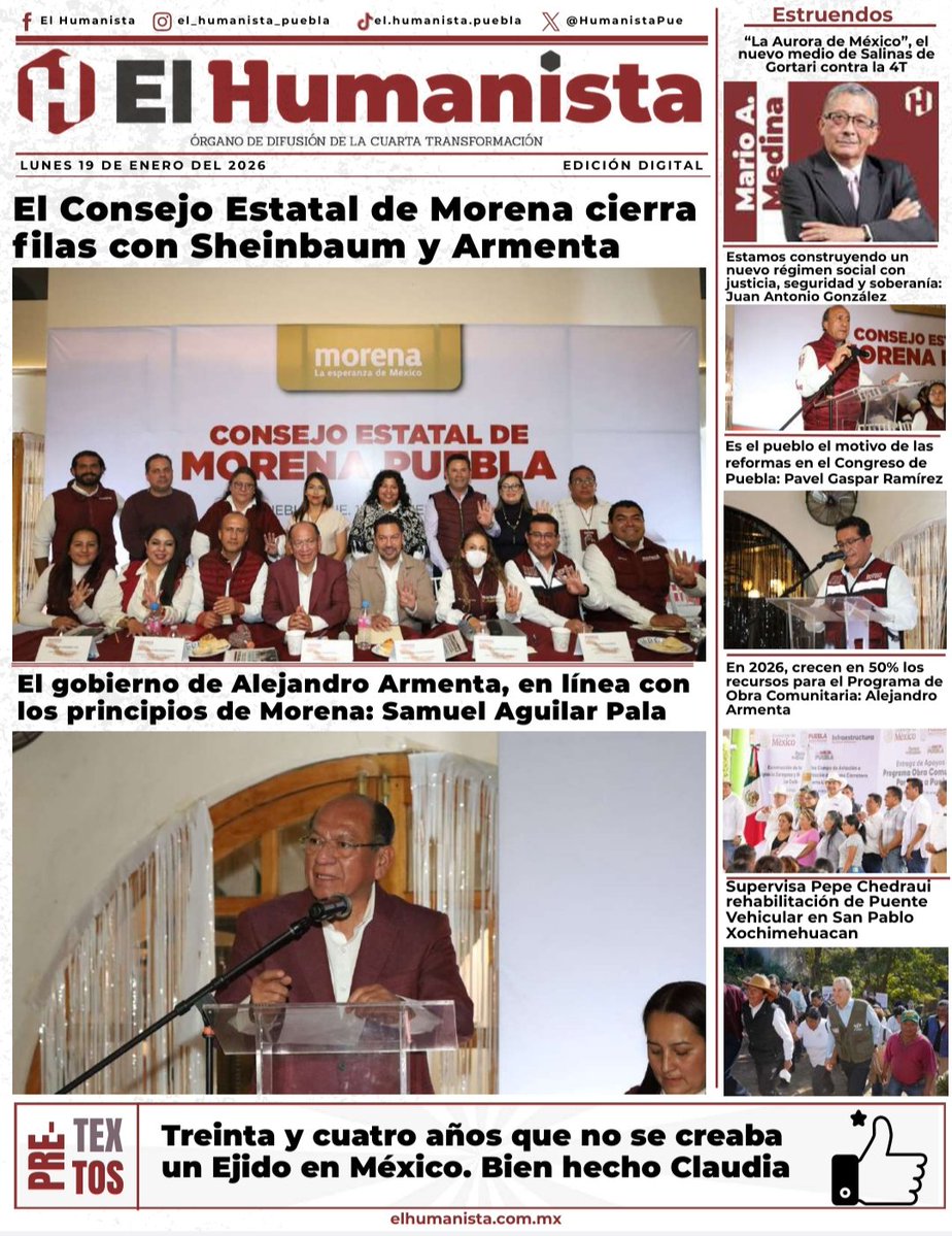 agustingc2012's tweet image. Esta es la portada del @HumanistaPue del 19 de enero de 2026. 
Excelente inicio de semana.
#FelizLunesATodos 🫶
elhumanista.com.mx/ed7-sep/