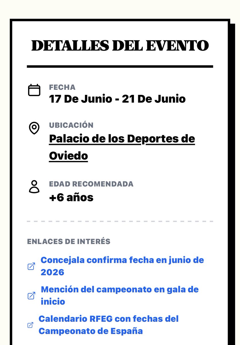 OVIEDO ACOGERÁ NACIONAL GIMNASIA RÍTMICA 
📌Campeonato de España individual y autonomías y Campeonato de España individual masculino #GRoviedo26
📆17-26 junio
📍Palacio Deportes
🤸‍♀️Excelente iniciativa #ciudadeuropeadeldeporte 2026
#Gymnastics #rhythmicgymnastics #creervaleoro