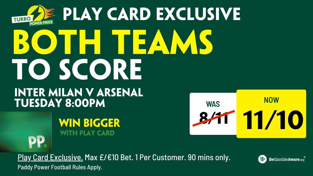 🔥 Turbo Power Price🔥

⚽️ Inter Milan v Arsenal⚽️

Play Card Only. Max Stake €/£10. 1 Per Customer #PPShops