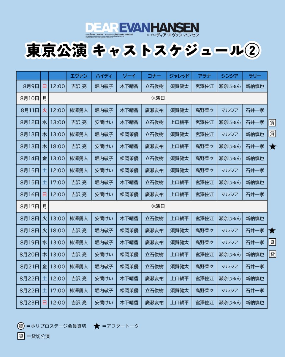 DEAREVAN_JP's tweet photo. ━━━━━━
🏫東京公演
　キャストスケジュール👕
━━━━━━

『ディア・エヴァン・ハンセン』
▸𝟮𝟬𝟮𝟲.𝟳.𝟮𝟱-𝟴.𝟮𝟯｜EX THEATER ARIAKE
▸𝟭.𝟮𝟰(土)～東京公演・最速抽選開始
▸貸切公演・アフタートークあり

https://t.co/RgMeh2t69j
#dearevanhansenjp https://t.co/KwfUlHebBp