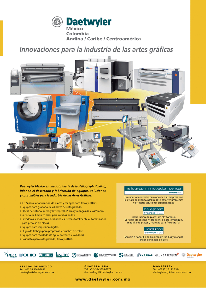 Innovar no es solo modernizar equipos, es transformar procesos.

Daetwyler ofrece soluciones integrales para flexografía, offset, rotograbado e impresión digital, diseñadas para imprentas que buscan eficiencia, control y consistencia.