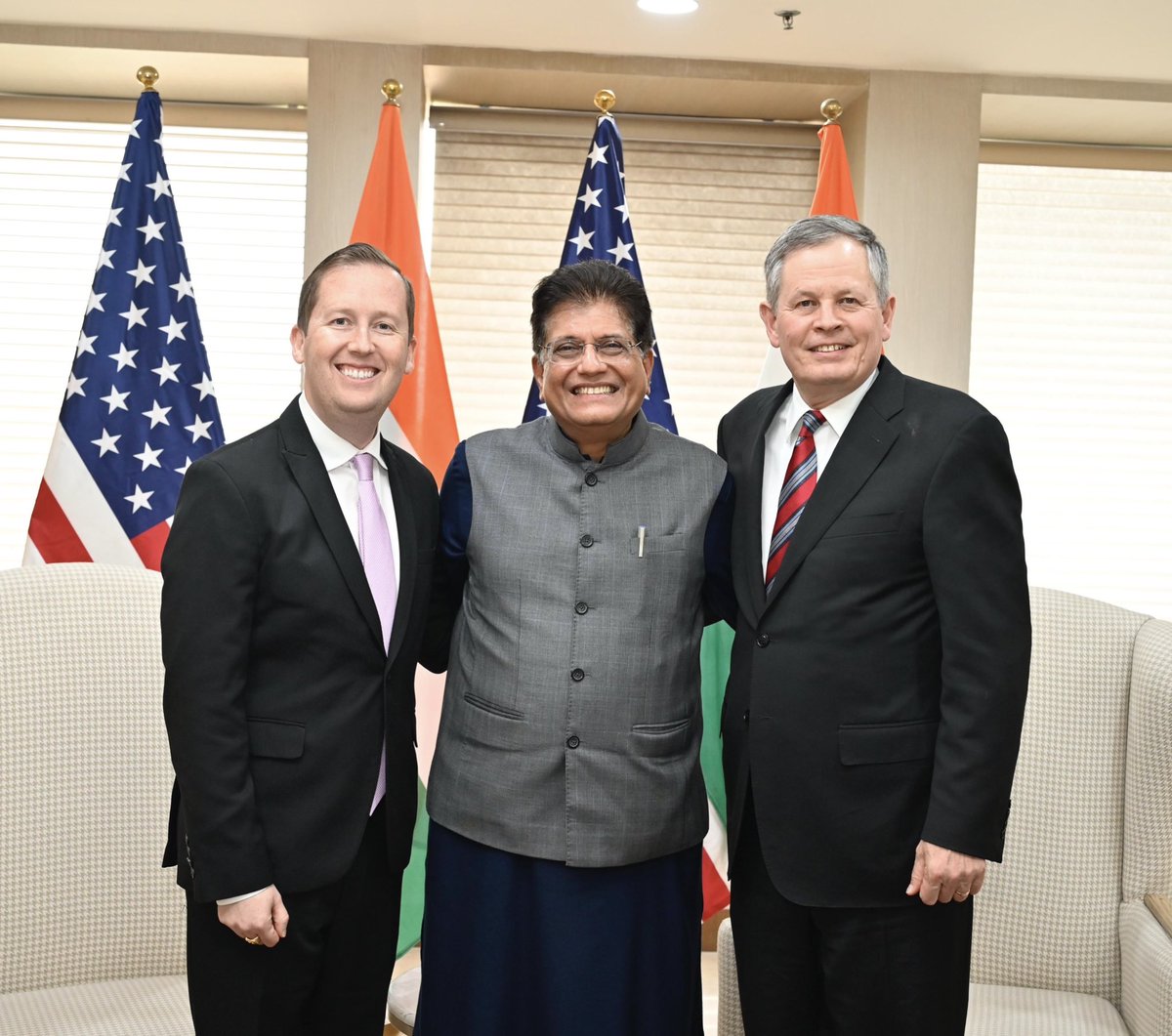 sidhant's tweet image. Delhi: Indian Trade Minister Piyush Goyal meets US Senator Steve Daines (who recently wrote to US President on Pulses vis a vis India US trade deal) &amp;amp; Indian Amb Sergio Gor.