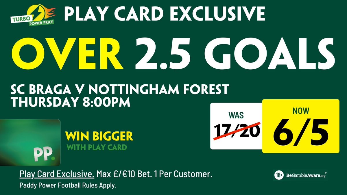 🔥 Turbo Power Price🔥

⚽️ Braga v Nottingham Forest⚽️

Play Card Only. Max Stake €/£10. 1 Per Customer #PPShops