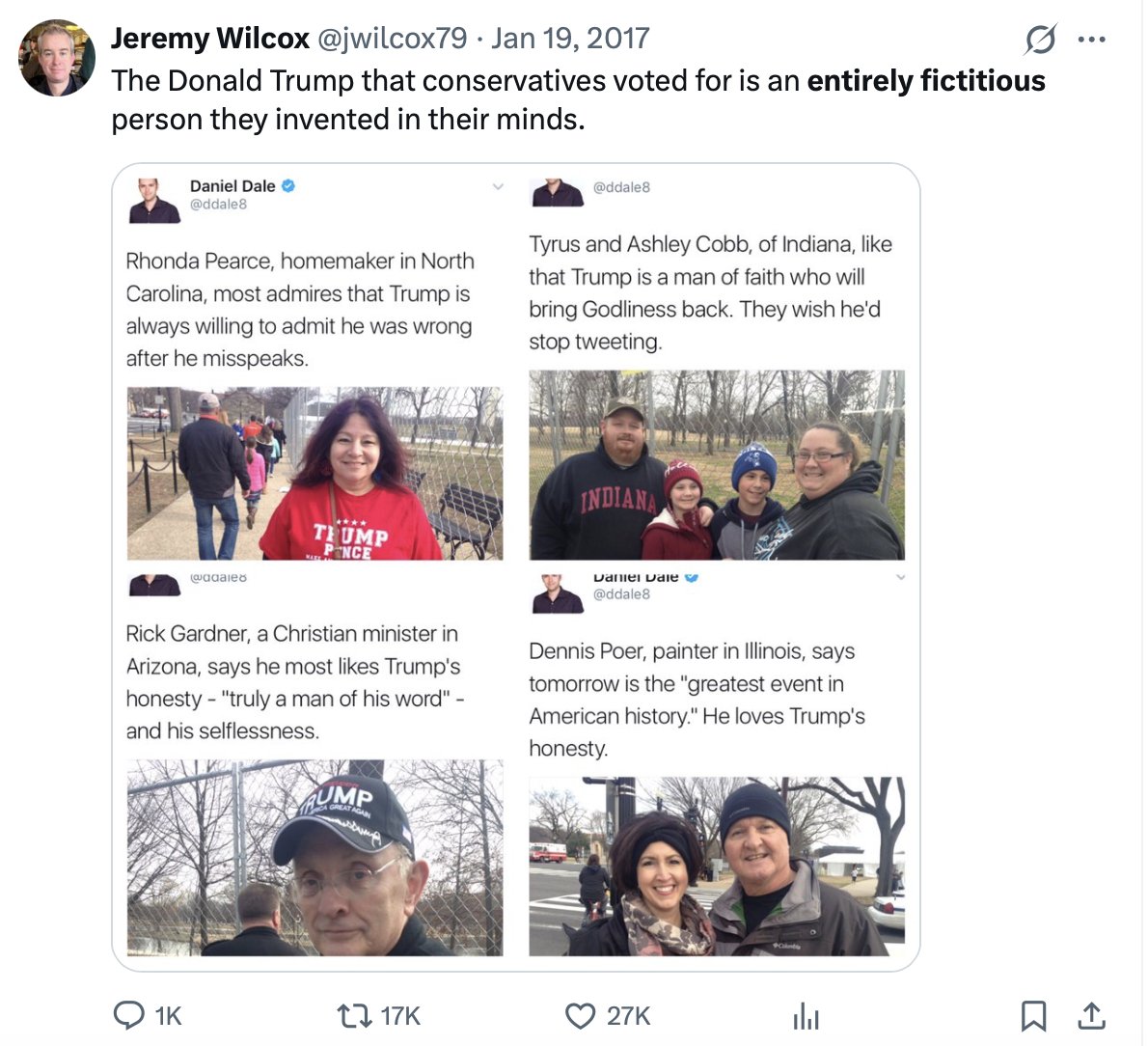 jwilcox79's tweet image. The first tweet I had that ever went viral was this one from Trump's first inauguration day.

It remained true for 2024 as well: The Donald Trump that people voted for is an entirely fictitious person they invented in their minds.