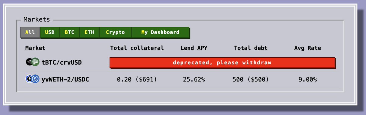 johnnyonline_'s tweet photo. deployed the https://t.co/9jMKZsKkun unaudited beta over the weekend

new features include:
- yvWETH-2/USDC market
- auctions explorer
- docs, risks, github &amp; X links

audited beta next https://t.co/VQAZLl4R2a