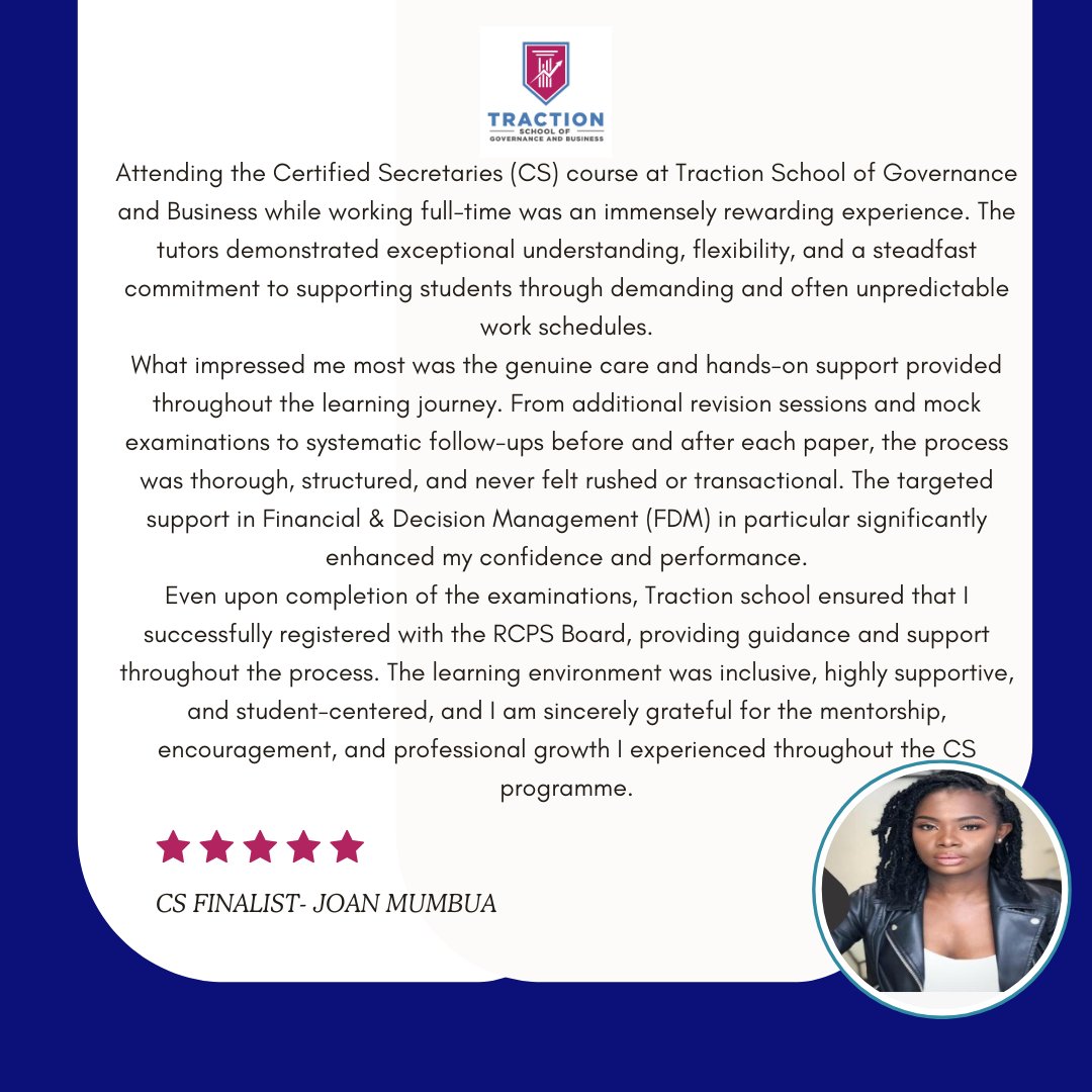 Balancing work &amp; studies isn’t easy.
Joan Mumbua joined TSGB’s CS course while working full-time — and found flexible tutors, extra sessions &amp; genuine support all the way to RCPS.

At TSGB, you’re never alone. Your success matters.

#TSGB #CertifiedSecretaries #WorkStudyBalance