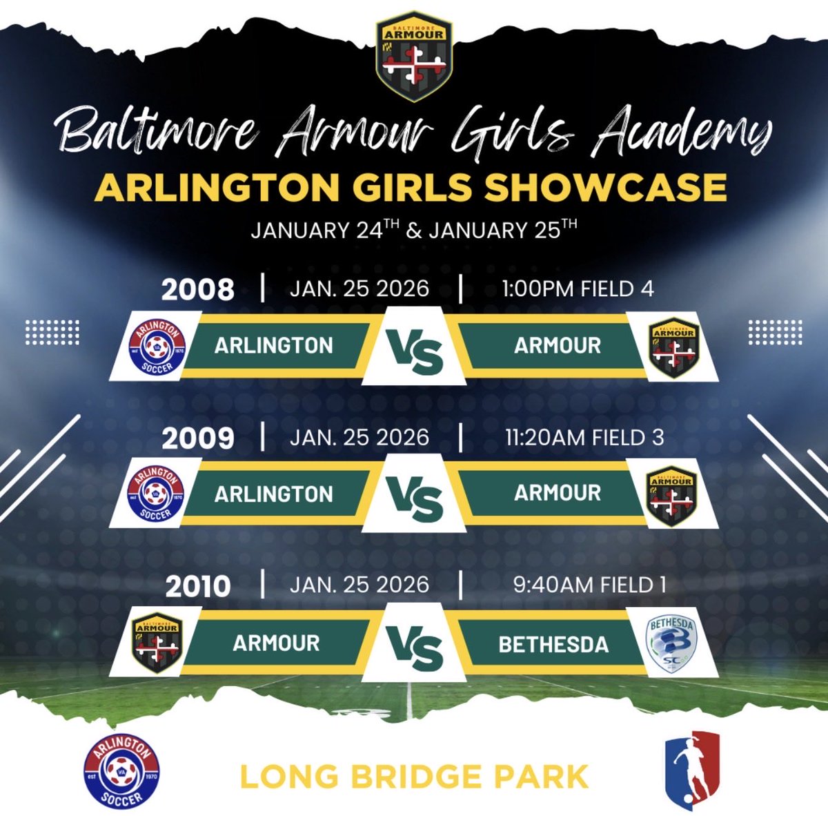 The U16, U17, &amp; U19 teams will be competing in the Arlington Girls College Showcase on 1/24 and 1/25. We hope to see all of the awesome coaches attending on our sideline! <a href="/bmorearmour/">Baltimore Armour</a>  <a href="/arlingtonsoccer/">Arlington Soccer</a> <a href="/ImYouthSoccer/">ECNL/GA/Recruiting/College Soccer</a> <a href="/TopDrawerSoccer/">TopDrawerSoccer</a> <a href="/ussoccer/">U.S. Soccer</a> <a href="/TheSoccerWire/">SoccerWire</a> <a href="/GAcademyLeague/">Girls Academy</a>
