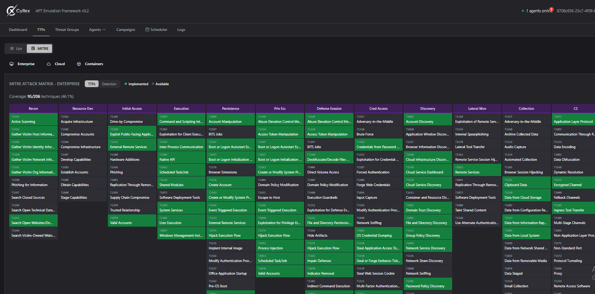 _RayRT's tweet photo. Spent the weekend working on Cyllex:

→ Interactive onboarding tour 
→ AWS TTPs (57% MITRE coverage) 
→ Linux TTPs (22% MITRE coverage) 
→ Windows TTPs: ADCS & ShadowCreds
→ LDAP Enum TTPs with multiple maturity levels 
→ Reporting improvements 
→ Improved agent deployment with guided instructions

Next: 100% focused on TTP coverage 

https://t.co/YN5IFrMBIe