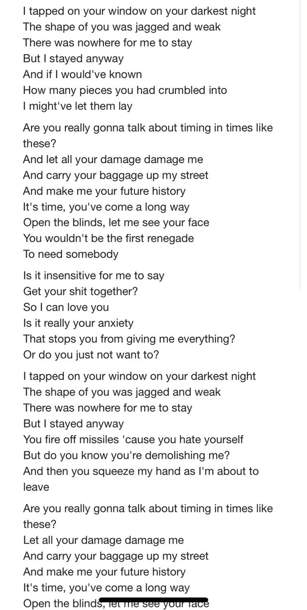 i’m so thankful aaron dessner and tay found each other during this time. renegade is just bars after bars of her asking to be loved while knowing it’s no longer possible or good. aka the 💔 anthem.

ttpd really was the outcome when you’re losing me x renegade didnt end it. oof.