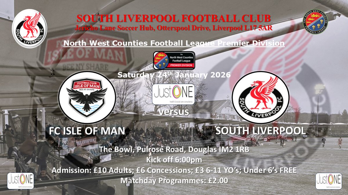 UP NEXT ⚪️⚫️🔴

📆 Sat 24/01/26
⚽️ <a href="/FCIsleOfMan/">FC Isle of Man</a>
🏆 <a href="/nwcfl/">The NWCFL ⚽️</a> Premier Division
⏱️ 6:00pm
📌 The Bowl, Pulrose Road, Douglas IM2 1RB
💰 Admission: £10 Adults; £6 Concessions
📚 Matchday Programmes: £2

#supportyourlocalclub
#ComeOnTheSouth