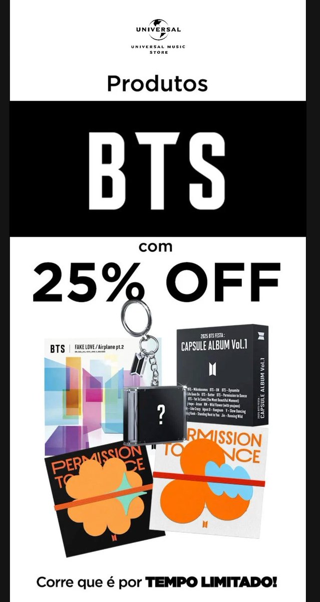 BTSxBRAZIL's tweet image. ‼️ A loja oficial do BTS na @umusicbrasil está com 25% de desconto*!

🔗 (umusicstore.com/bts)

*por tempo limitado