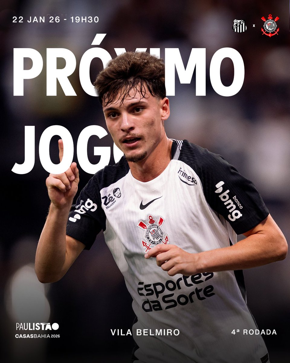 Corinthians's tweet image. O #PróximoJogoDoTimão será o #ClássicoAlvinegro! 🏴🏳️

🗓️ 22/01 (quinta-feira)
🆚 Santos
🏆 Paulistão (4ª rodada)
🏟️ Vila Belmiro 

#VaiCorinthians