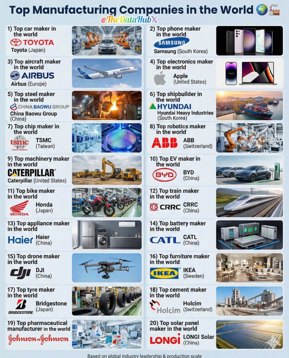 Top Manufacturing Companies 

1) Top car maker in the world? → Toyota (Japan)  
2) Top phone maker in the world? → Samsung (South Korea)  
3) Top aircraft maker in the world? → Airbus (Europe)  
4) Top electronics maker in the world? → Apple (United States)  
5) Top steel