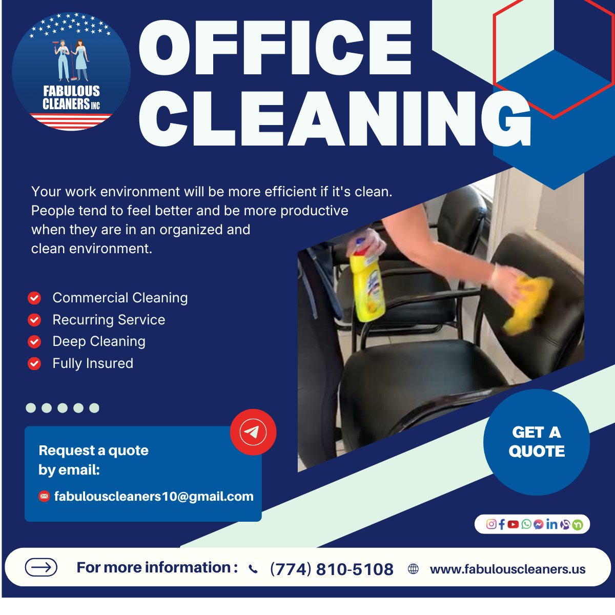 Your work environment will be more efficient if it's clean.

People tend to feel better and be more productive when they are in an organized and clean environment.

Our services include:

✅ Commercial Cleaning
✅ Recurring Service
✅ Deep Cleaning
✅ Fully Insured

From everyday