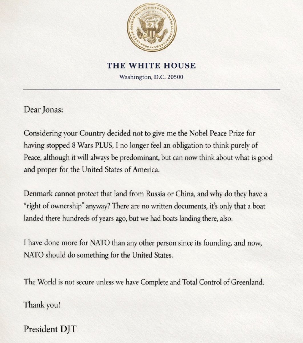 KobeissiLetter's tweet image. PRESIDENT TRUMP’S FULL LETTER TO NORWAY:

“I no longer feel an obligation to think purely of peace… but can now think about what is good and proper for the USA.”

Trump is doubling down on Greenland.

Step #6 of our tariff playbook is beginning.