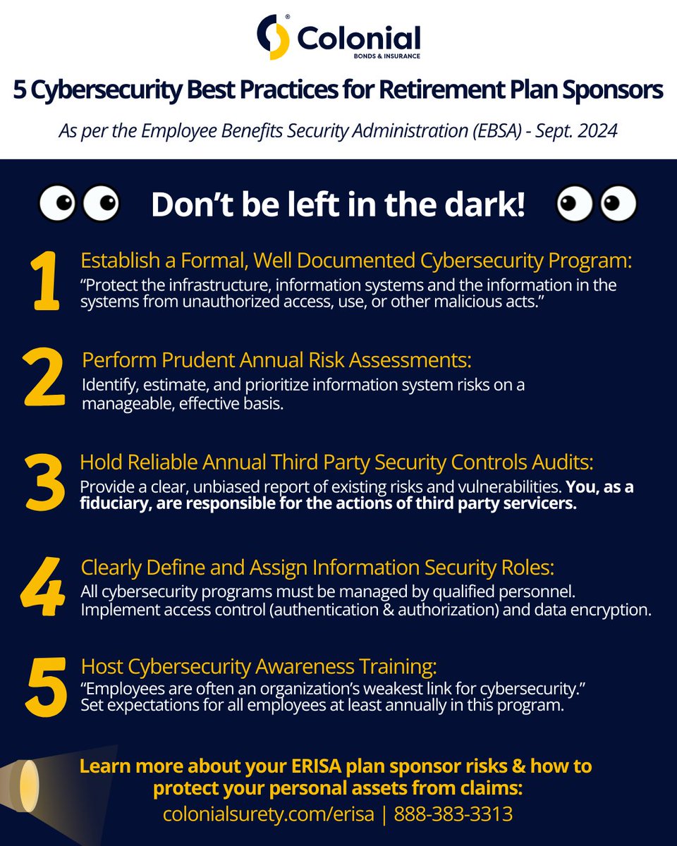 ColonialSurety's tweet image. Have you taken a step to strengthen the cybersecurity of the company sponsored retirement plan? 

Here's our short take on best practices recommended by EBSA. @ColonialSurety cyber liability insurance comes complete with the recommended response plan.

dol.gov/agencies/ebsa/…