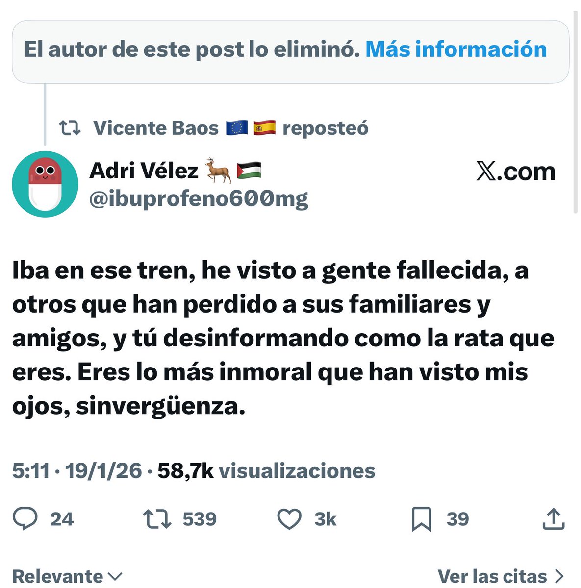Vito Quiles ha borrado este post sobre el #descarrilamiento en Adamuz. Una víctima del tren le ha respondido esto. Juzgen. Antes de tuitear en caliente, mejor pensar. Pensar en los muertos y sus familias. Pensar en la gente que se ha dejado la piel para ayudarles.