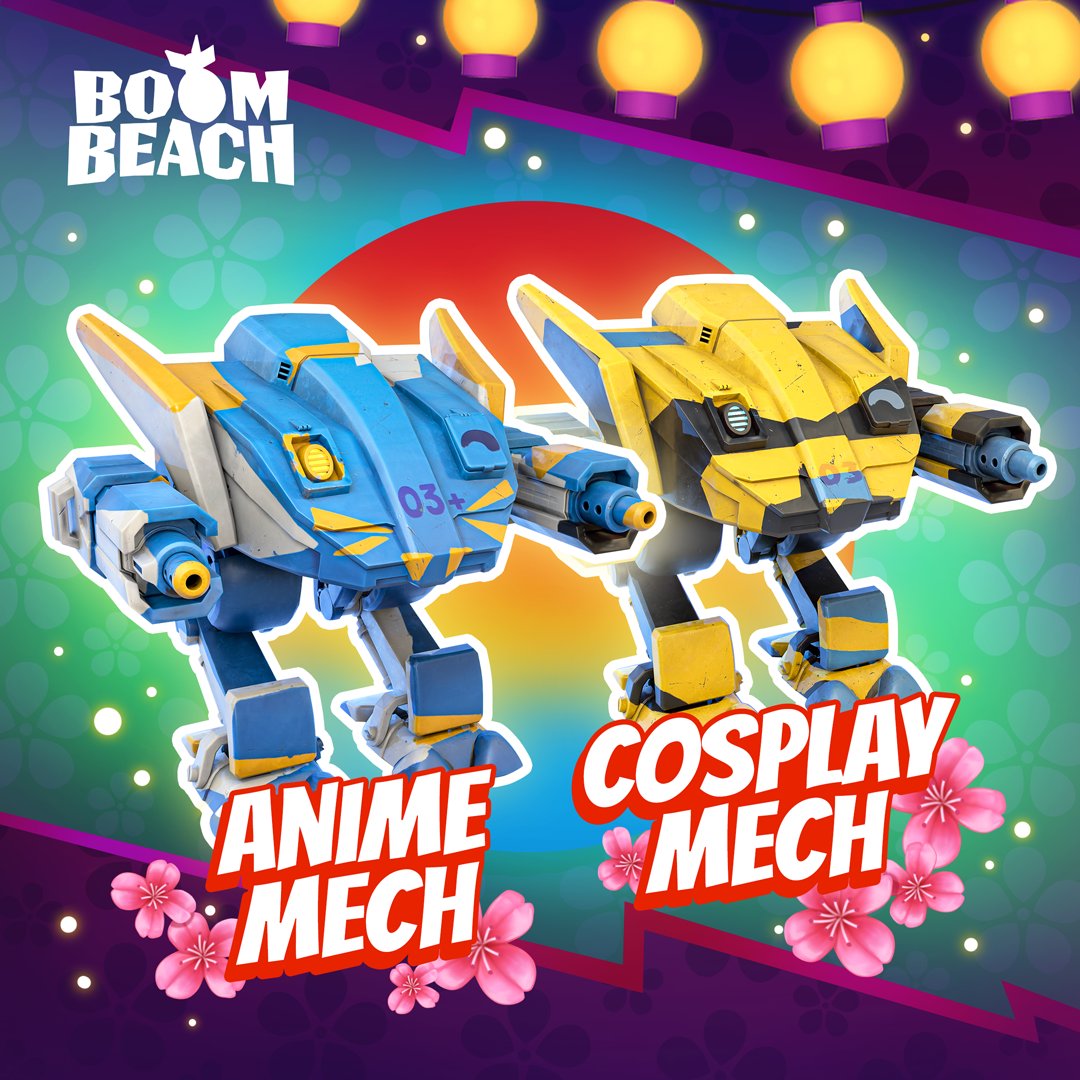 BoomBeach's tweet image. New season, new Mechs! 🤖

The Cosplay Mech rolls in with the Boom Pass, and the Anime Mech can be unlocked for 1,500 Camo Tickets.

Which one are you rolling out with? 👀

Available tomorrow, the 26th.