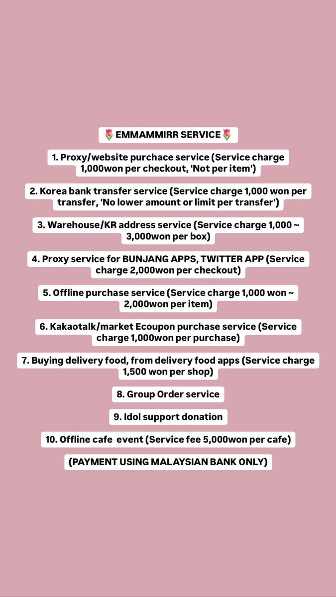Open as always😊

KR proxy🇲🇾🇰🇷
19 January rate
1,000won = RM2.90

#pasarblackpink #pasarTREASURE #pasarENHYPEN #pasarNCTmy #pasarstraykidsMY #pasarBts #pasarbtsmy #pasartxtmy #pasarivemy #pasarSKZMY #krproxy #malaysiakoreaproxy #mykr #malaysiakoreabanktransfer #pasarplaveMY