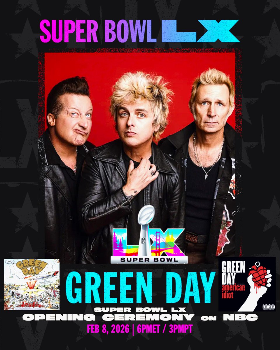 𝑮𝑹𝑬𝑬𝑵 𝑫𝑨𝒀 🎸🎶🥁 🎆

LIVE from Levi's Stadium! 🎼

Official: Green Day will be the opening act for Super Bowl LX at Levi’s Stadium in California on February 8th 🏟 🏈🏆

#greenday #SBLX 

#SuperBowlLX #greendayfans #LevisStadium
