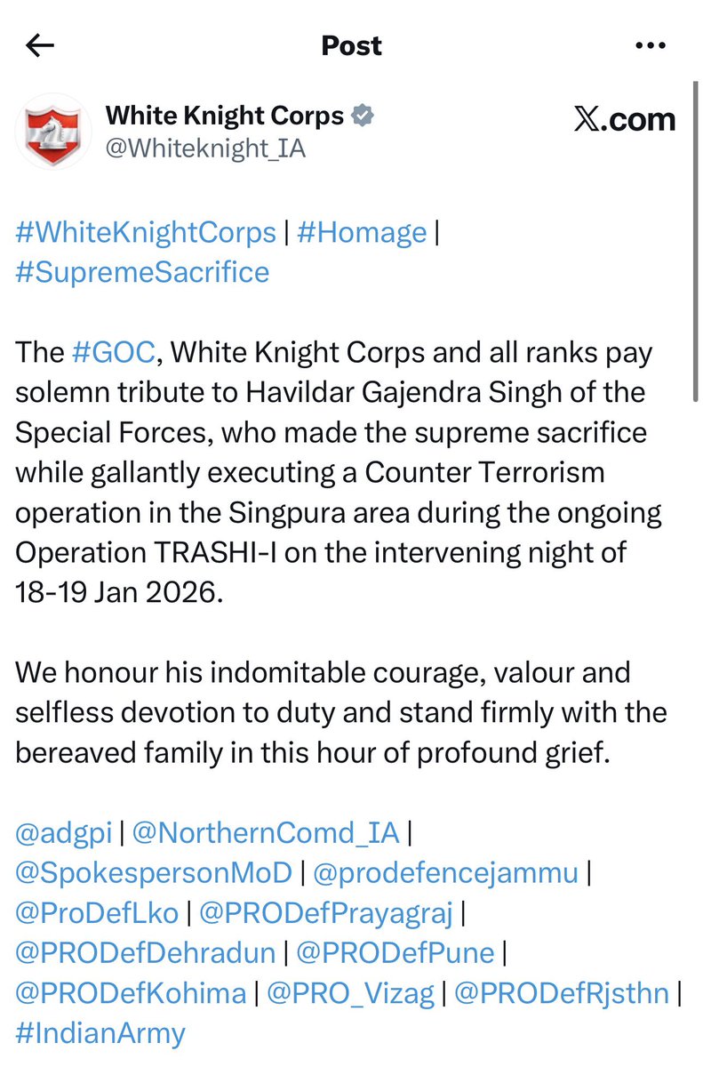 My heartfelt condolences to the brave family of Havildar Gajendra Singh who attain martyrdom at ongoing Singpora Chatroo Oprs. RIP <a href="/AdityaRajKaul/">Aditya Raj Kaul</a> <a href="/adgpi/">ADG PI - INDIAN ARMY</a> <a href="/NorthernComd_IA/">NORTHERN COMMAND - INDIAN ARMY</a> <a href="/Whiteknight_IA/">White Knight Corps</a> <a href="/HMOIndia/">गृहमंत्री कार्यालय, HMO India</a> <a href="/PMOIndia/">PMO India</a> <a href="/narendramodi/">Narendra Modi</a> <a href="/deepduttajourno/">Pradeep Dutta</a> <a href="/rajnathsingh/">Rajnath Singh</a>