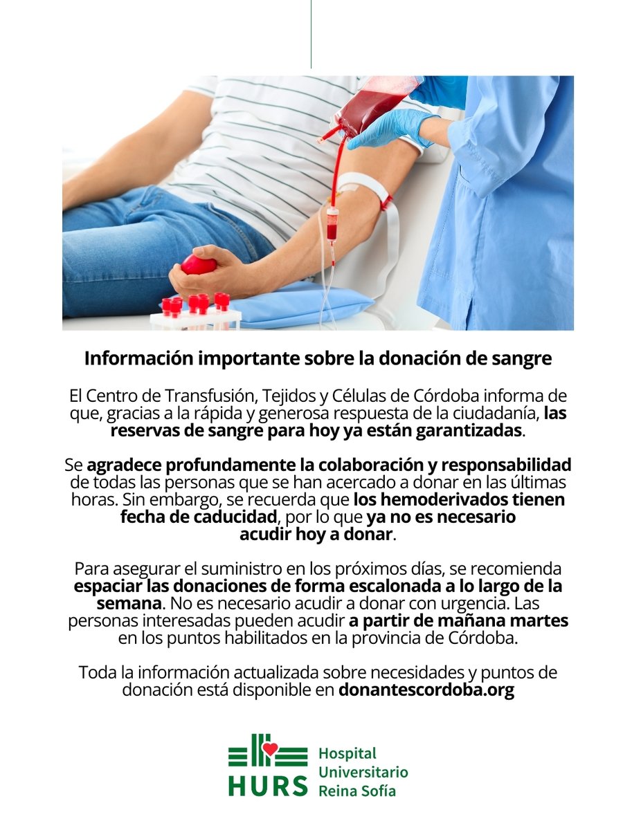 🔴 Información importante sobre la donación de sangre 🩸

El Centro de Transfusión, Tejidos y Células de Córdoba informa de que, gracias a la rápida y generosa respuesta de la ciudadanía, las reservas de sangre para hoy ya están garantizadas.

<a href="/donantescordoba/">CENTRO DE TRANSFUSIÓN, TEJIDOS Y CÉLULAS. CORDOBA</a>