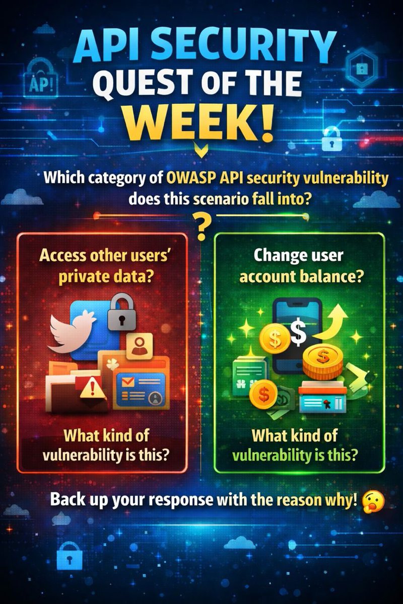ce3nerd's tweet photo. API Security Quest of the Week 🧠

Scenario 1: Accessing other users’ private data
Scenario 2: Changing a user’s account balance

❓Which OWASP API vulnerability category is each one?

⚠️ No buzzwords.
✅ Name it
✅ Explain why https://t.co/U99GEmGY4x