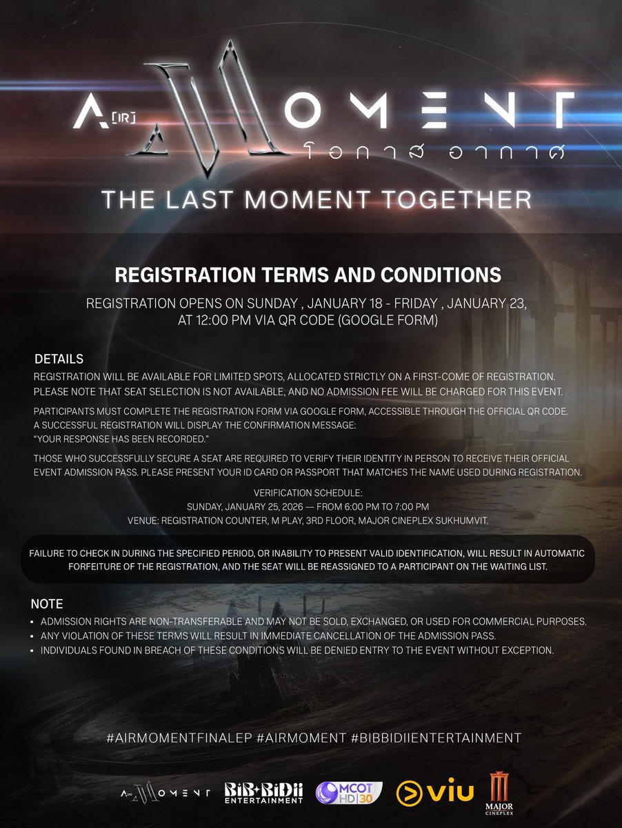 bibbidiient's tweet photo. สามารถลงทะเบียนงาน  Air Moment The Last Moment Together  ได้ตั้งแต่วันนี้ ถึง 23 มกราคม 2569 เวลา 12:00 น. ‼️

เตรียมรับเซอร์ไ��ร์สพิเศษ ลุ้นรับสิทธิ LUCKY FAN กับ นักแสดง A(ir) Moment 
*สงวนสิทธิ์เฉพาะผู้เข้าร่วมงานเท่านั้น*

25.01.2026 / 6 PM (GMT + 7)
Major Cineplex Sukhumvit.

#AirmomentFinalEP
#airmoments 
#BibbidiiEntertainment
#MajorCineplex #เมเจอร์สุขุมวิท 
#VIU
#ช่อง9กด30