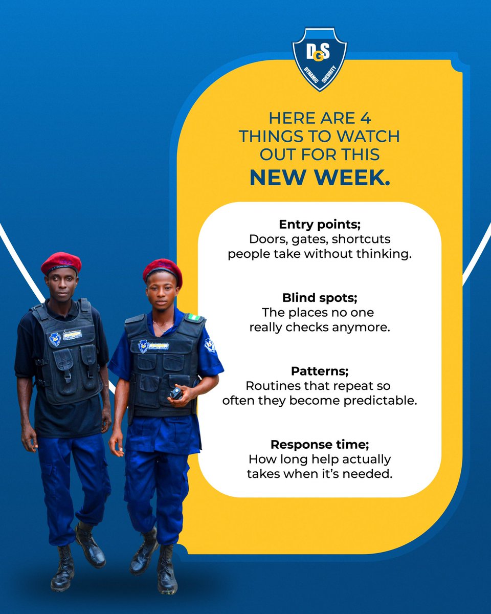 Dynamicgroups01's tweet image. Most security issues don’t start as emergencies.

They start as habits.
If you’re unsure, don’t assume.

Happy new week
.
.
.
DM DSG to Book your security team today   ☎️ 0810 241 5155
#DSGSecurity #ProfessionalSecurity #securityagency #EventSecurity #SecurityGuardServices